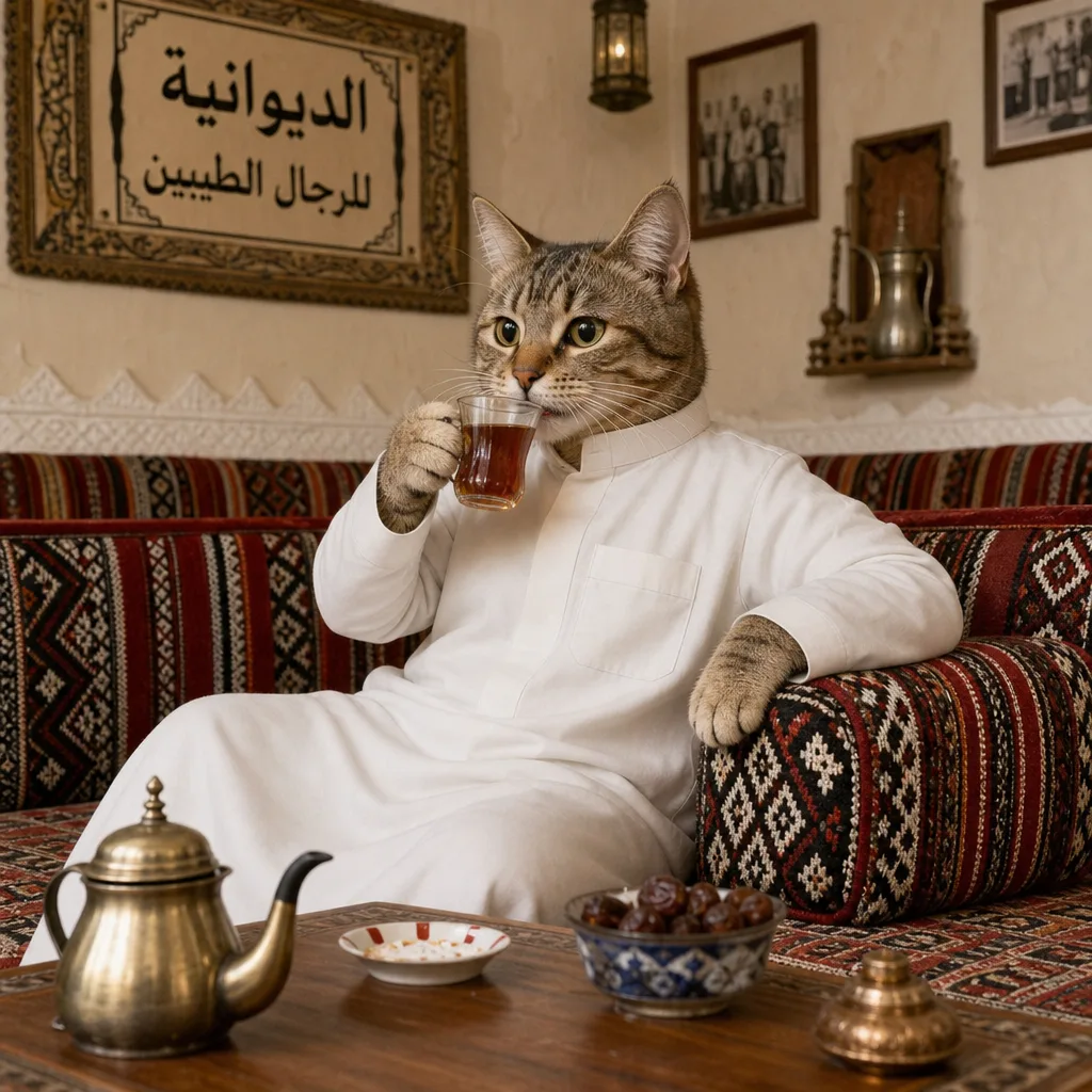 GPT Image — قطة لابسة دشداشة تشرب شاي في ديوانية